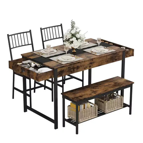 4 Piece Dining Table Set, Rectangular Kitchen Table Set with 2 Chairs & 1 Bench,Double Side Drawers,Perfect for Dining, Room,Kitchen,Restaurant,Yard