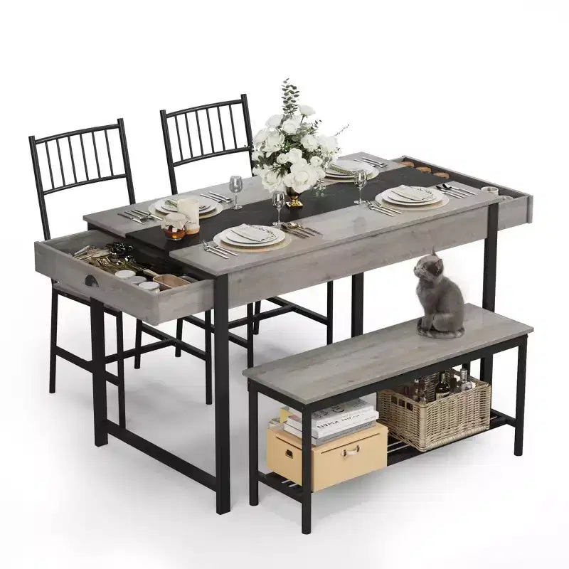 Ensemble de salle à manger 4 pièces, table de cuisine rectangulaire avec 2 chaises et 1 banc, tiroirs double face, parfait pour la salle à manger, la chambre, la cuisine, le restaurant, le jardin