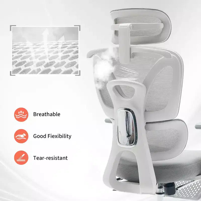 Fauteuil de bureau ergonomique en maille avec support lombaire réglable, appui-tête et repose-pieds, accoudoirs 3D, chaise pivotante pour utilisateurs corpulents