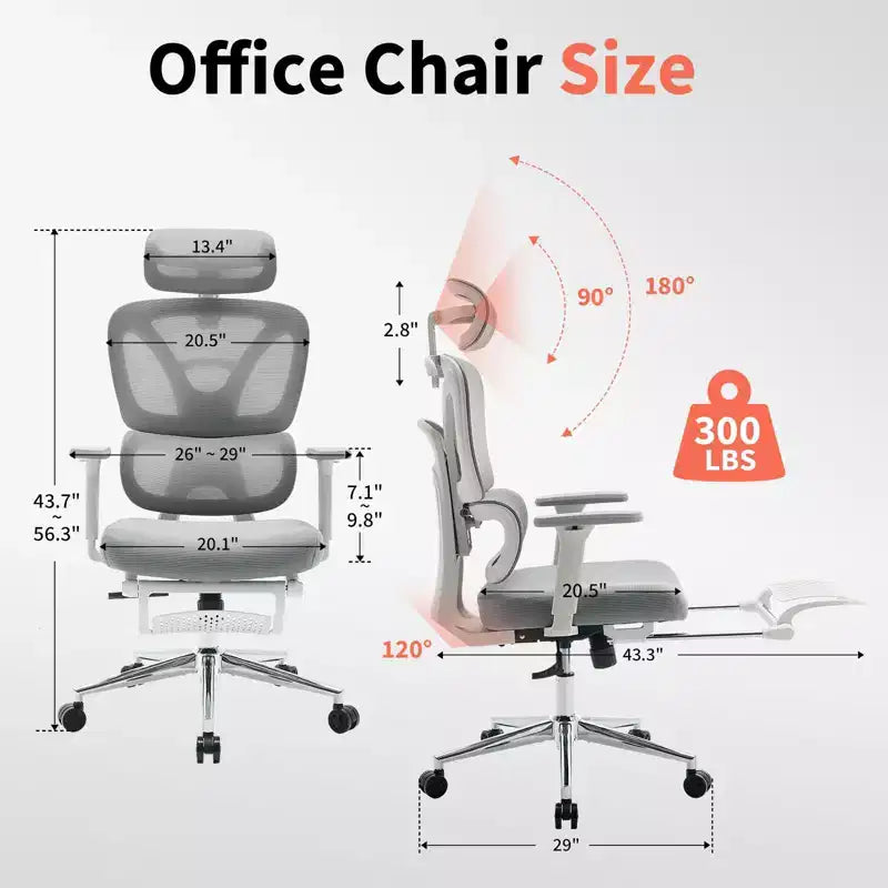 Fauteuil de bureau ergonomique en maille avec support lombaire réglable, appui-tête et repose-pieds, accoudoirs 3D, chaise pivotante pour utilisateurs corpulents