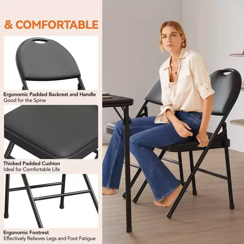 Lot de 4 chaises pliantes de salle à manger en métal – Coussin rembourré épais en PU, empilables et peu encombrantes, pieds antidérapants, idéales pour la maison, l'appartement, le bureau, noir