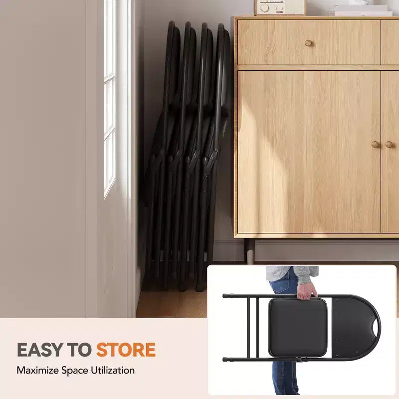 Lot de 4 chaises pliantes de salle à manger en métal – Coussin rembourré épais en PU, empilables et peu encombrantes, pieds antidérapants, idéales pour la maison, l'appartement, le bureau, noir