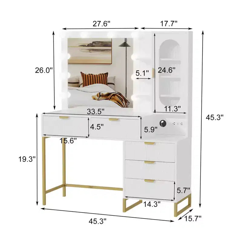Coiffeuse moderne avec miroir éclairé, prises de courant, grand espace de rangement, table de maquillage en bois cannelé pour femmes et filles