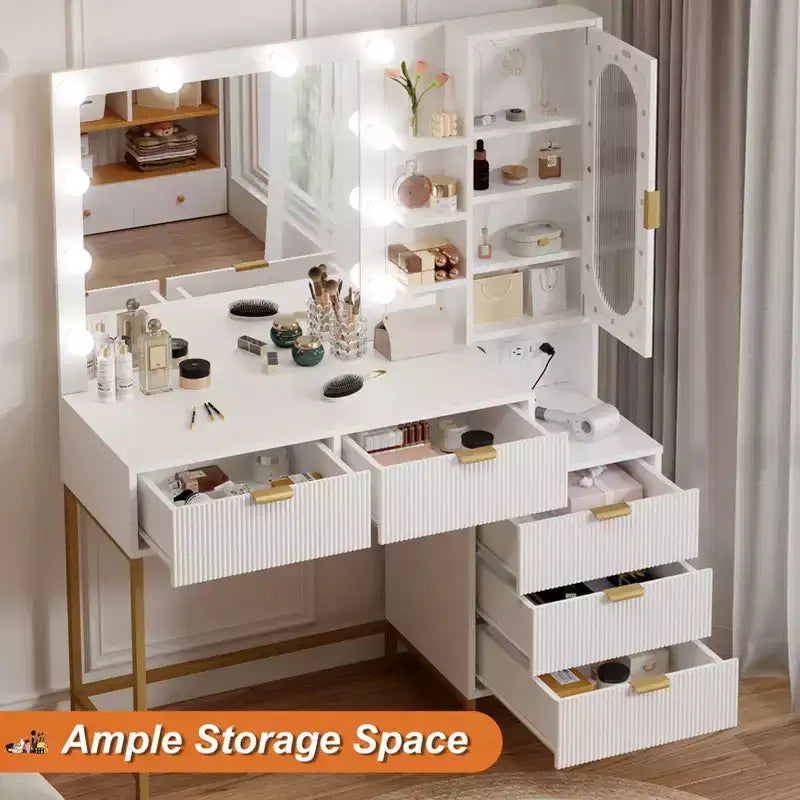 Coiffeuse moderne avec miroir éclairé, prises de courant, grand espace de rangement, table de maquillage en bois cannelé pour femmes et filles