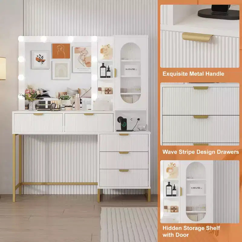 Coiffeuse moderne avec miroir éclairé, prises de courant, grand espace de rangement, table de maquillage en bois cannelé pour femmes et filles