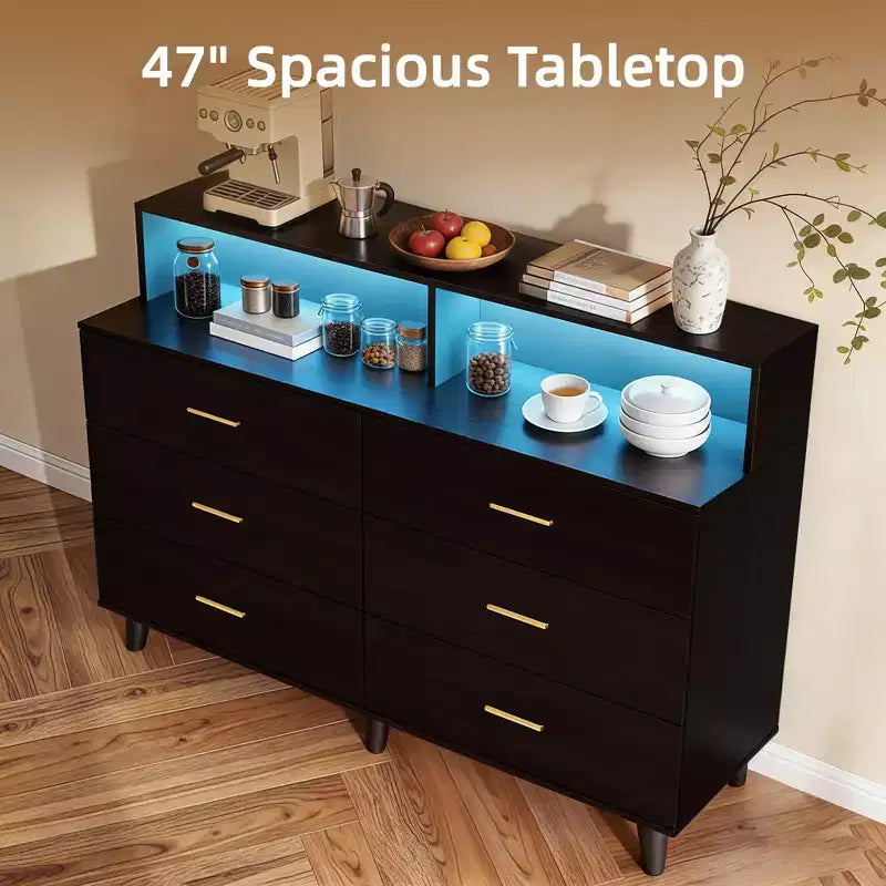 Meuble de bar à café de 120 cm avec prises électriques, buffet de rangement autonome avec tiroirs pour cuisine, salle à manger