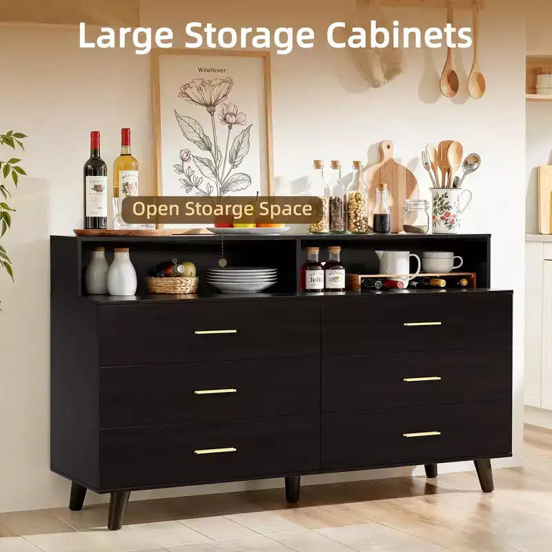 Meuble de bar à café de 120 cm avec prises électriques, buffet de rangement autonome avec tiroirs pour cuisine, salle à manger