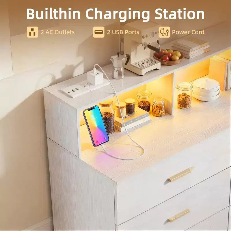 Meuble de bar à café de 120 cm avec prises électriques, buffet de rangement autonome avec tiroirs pour cuisine, salle à manger