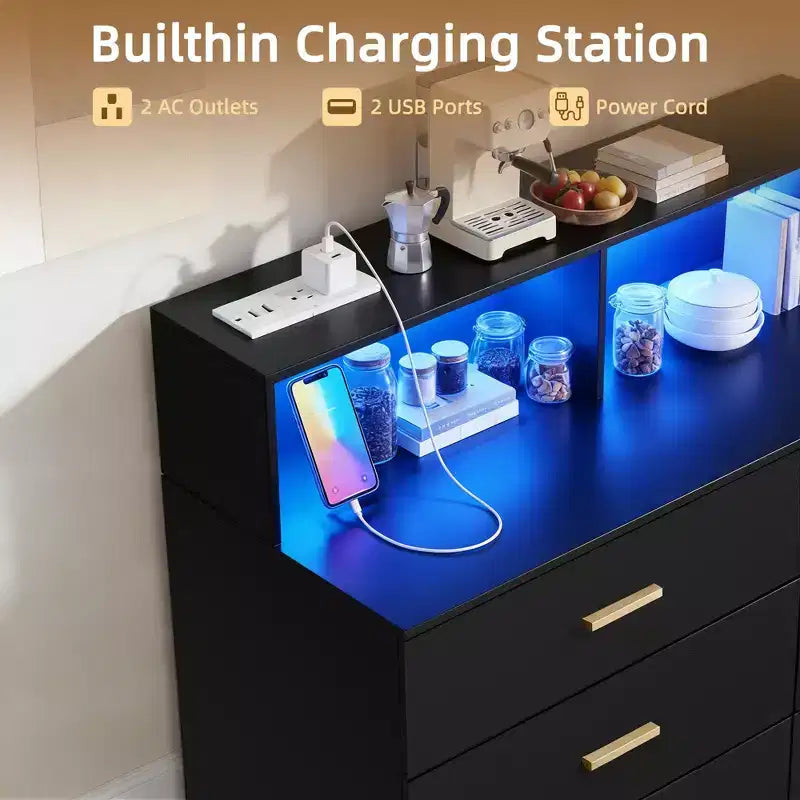 Meuble de bar à café de 120 cm avec prises électriques, buffet de rangement autonome avec tiroirs pour cuisine, salle à manger