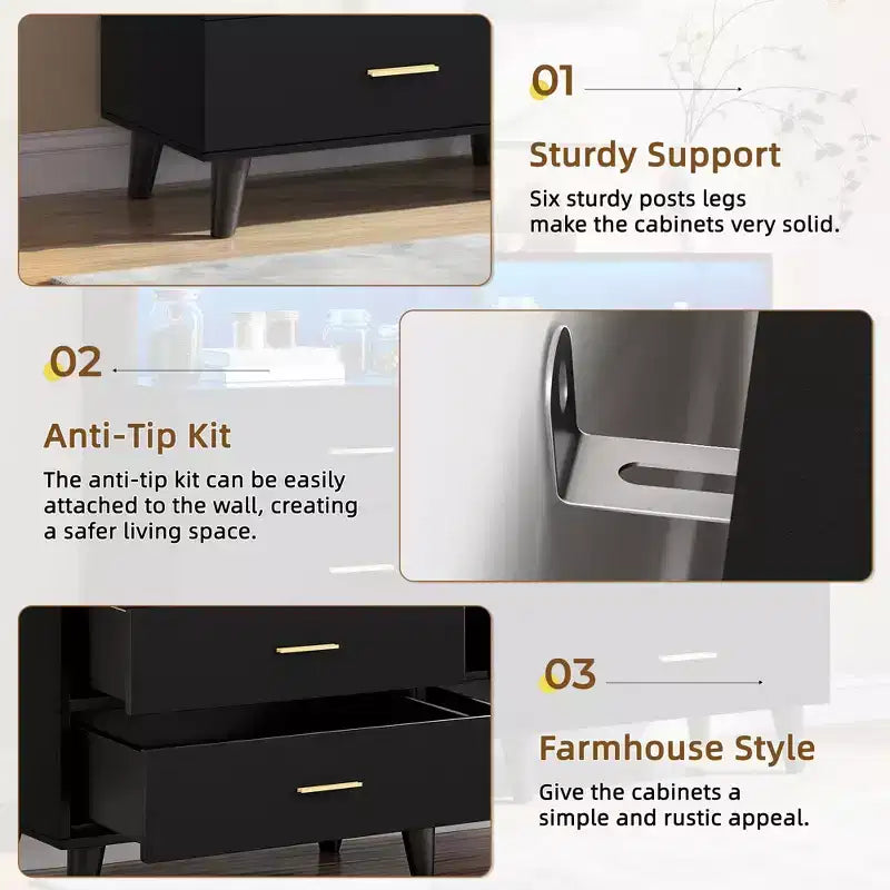 Meuble de bar à café de 120 cm avec prises électriques, buffet de rangement autonome avec tiroirs pour cuisine, salle à manger