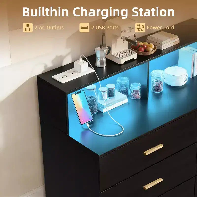 Meuble de bar à café de 120 cm avec prises électriques, buffet de rangement autonome avec tiroirs pour cuisine, salle à manger