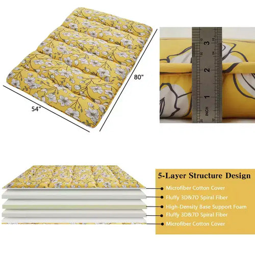 Matelas de futon japonais pleine taille Acekool, Tatami imprimé floral, matelas de couchage pliable pour chambre d'amis, dortoir - Jaune élégant