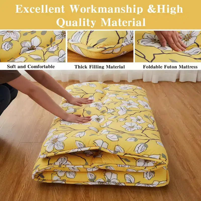Matelas de futon japonais pleine taille Acekool, Tatami imprimé floral, matelas de couchage pliable pour chambre d'amis, dortoir - Jaune élégant
