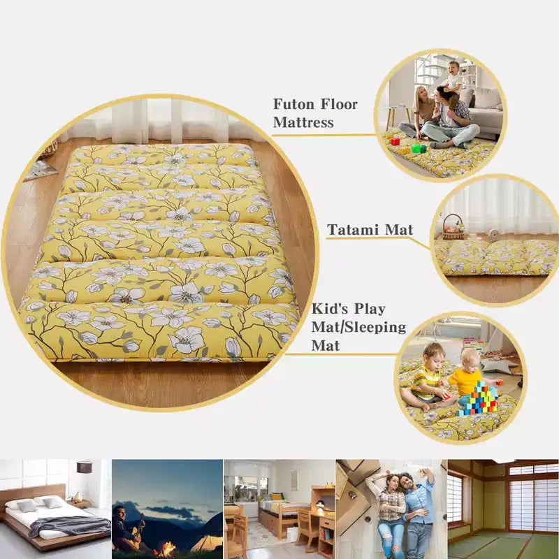 Matelas de futon japonais pleine taille Acekool, Tatami imprimé floral, matelas de couchage pliable pour chambre d'amis, dortoir - Jaune élégant