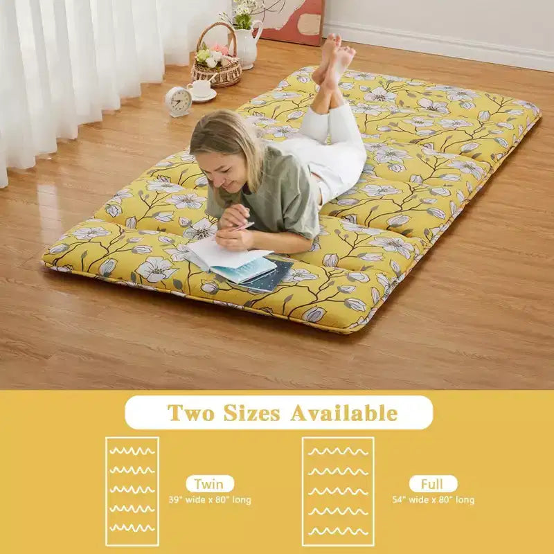 Matelas de futon japonais pleine taille Acekool, Tatami imprimé floral, matelas de couchage pliable pour chambre d'amis, dortoir - Jaune élégant
