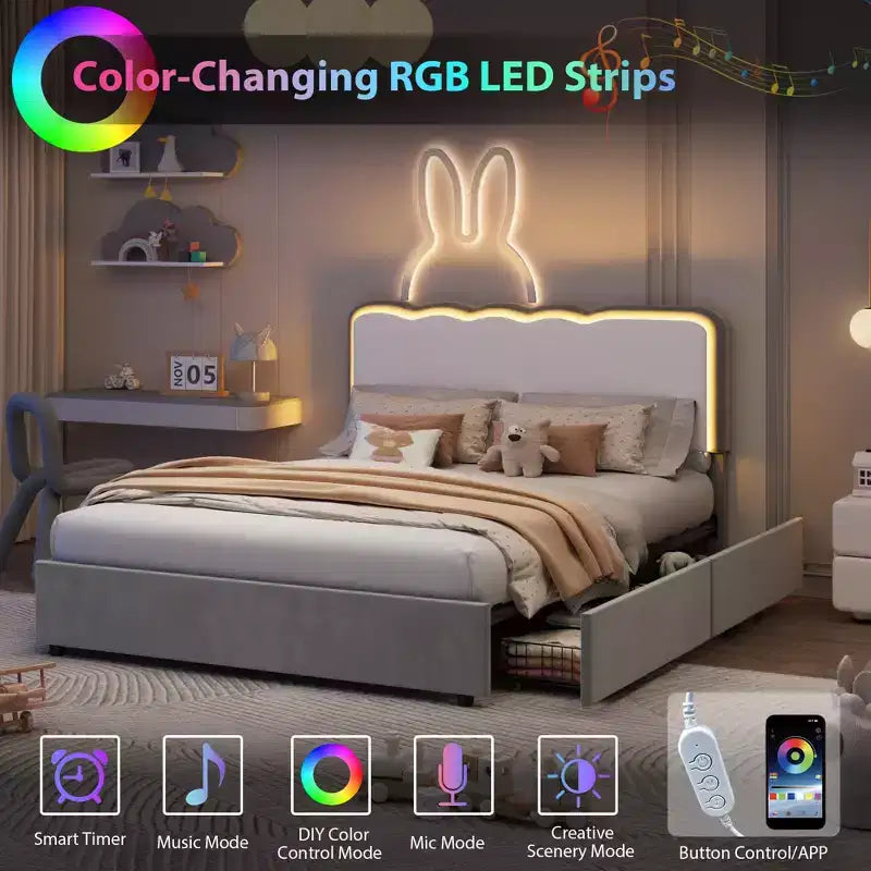 Lit Queen capitonné à LED avec tiroir de rangement et tête de lit réglable, lit plateforme Princesse en velours, support robuste, pas besoin de sommier tapissier
