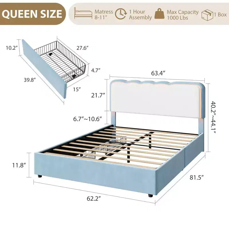 Lit Queen capitonné à LED avec tiroir de rangement et tête de lit réglable, lit plateforme Princesse en velours, support robuste, pas besoin de sommier tapissier