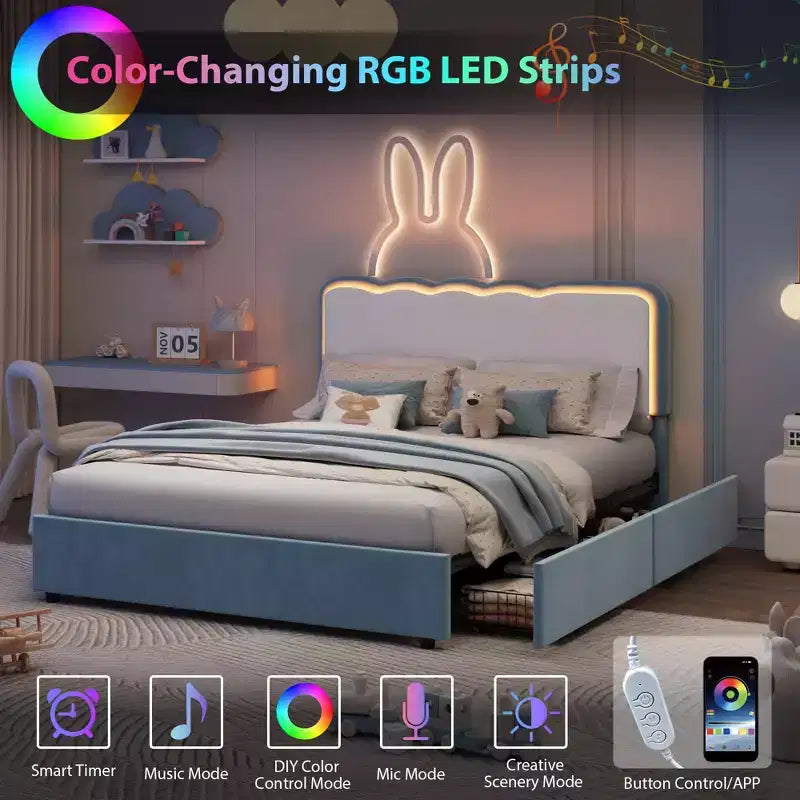 Lit Queen capitonné à LED avec tiroir de rangement et tête de lit réglable, lit plateforme Princesse en velours, support robuste, pas besoin de sommier tapissier