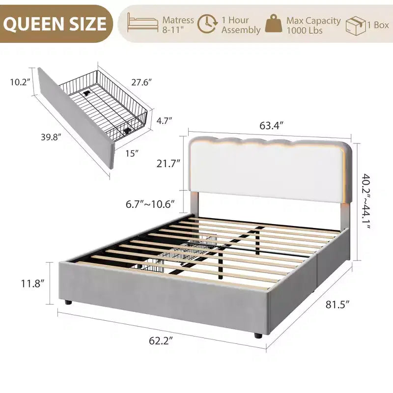 Lit Queen capitonné à LED avec tiroir de rangement et tête de lit réglable, lit plateforme Princesse en velours, support robuste, pas besoin de sommier tapissier