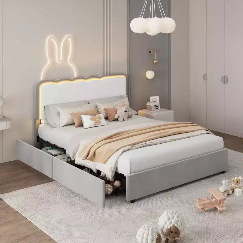 Lit Queen capitonné à LED avec tiroir de rangement et tête de lit réglable, lit plateforme Princesse en velours, support robuste, pas besoin de sommier tapissier
