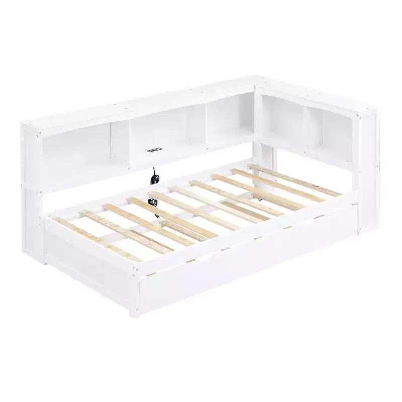 Lit de repos jumeau FAMYYT avec lit gigogne peu encombrant, armoires de rangement et ports USB, assemblage facile, blanc
