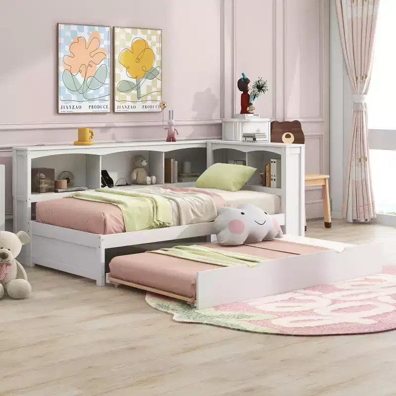 Lit de repos jumeau FAMYYT avec lit gigogne peu encombrant, armoires de rangement et ports USB, assemblage facile, blanc