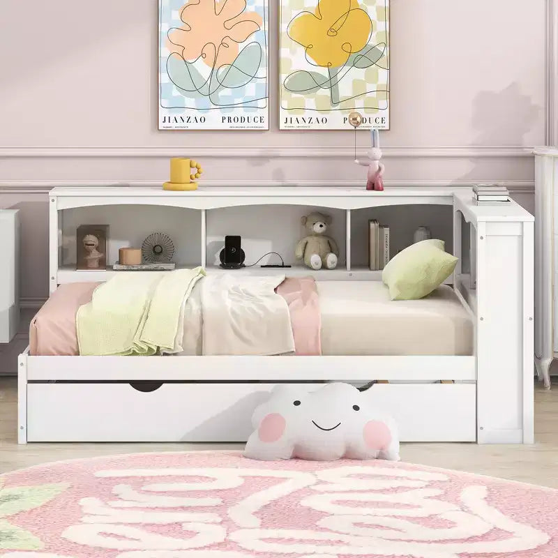 Lit de repos jumeau FAMYYT avec lit gigogne peu encombrant, armoires de rangement et ports USB, assemblage facile, blanc