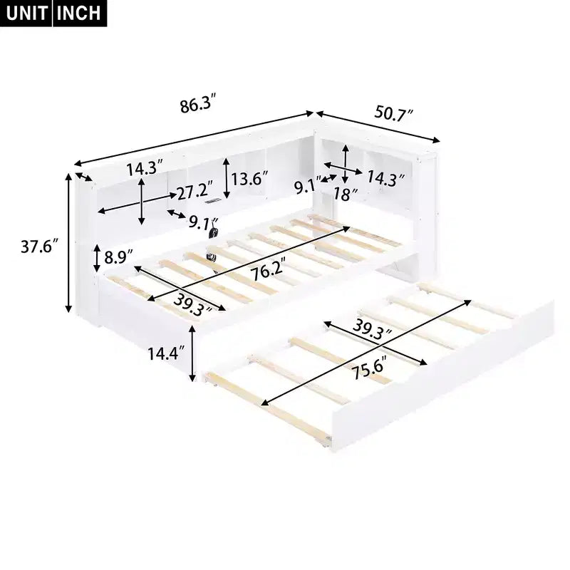 Lit de repos jumeau FAMYYT avec lit gigogne peu encombrant, armoires de rangement et ports USB, assemblage facile, blanc