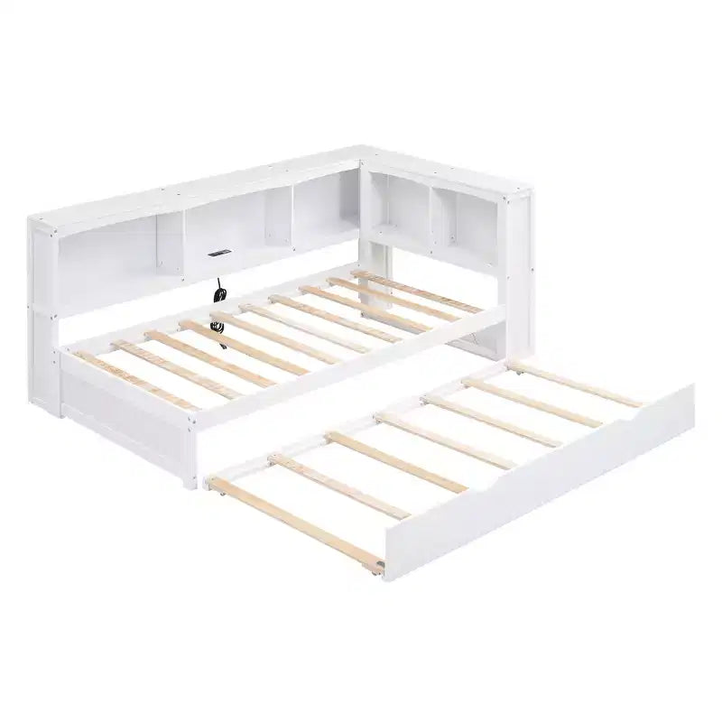 Lit de repos jumeau FAMYYT avec lit gigogne peu encombrant, armoires de rangement et ports USB, assemblage facile, blanc