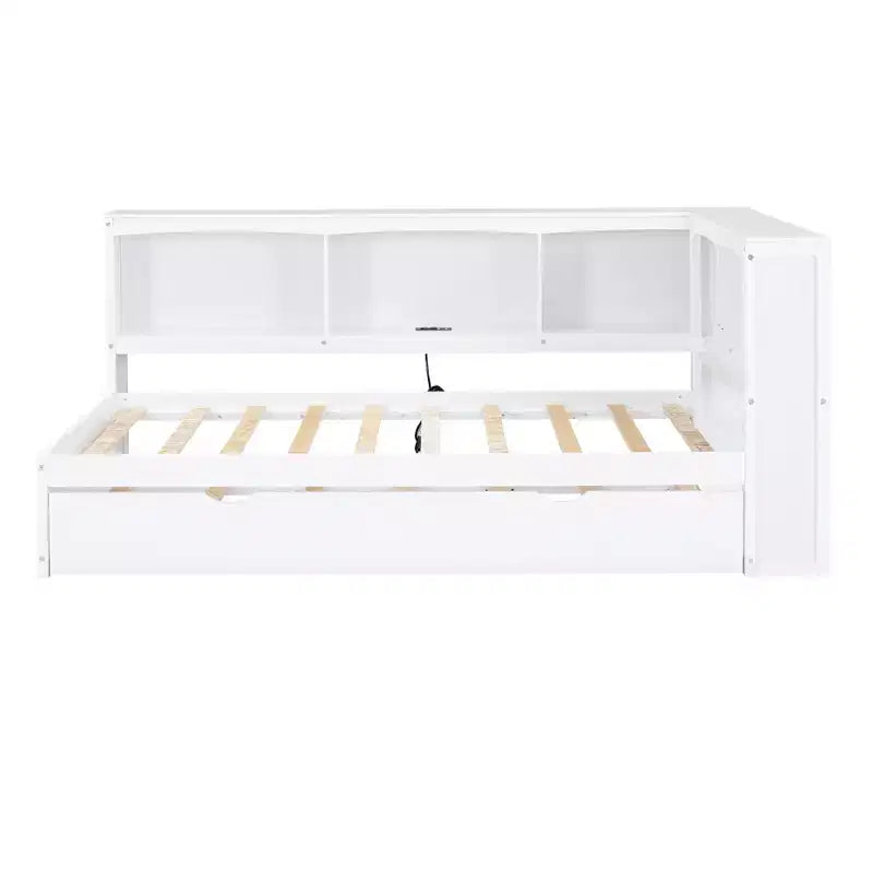 Lit de repos jumeau FAMYYT avec lit gigogne peu encombrant, armoires de rangement et ports USB, assemblage facile, blanc
