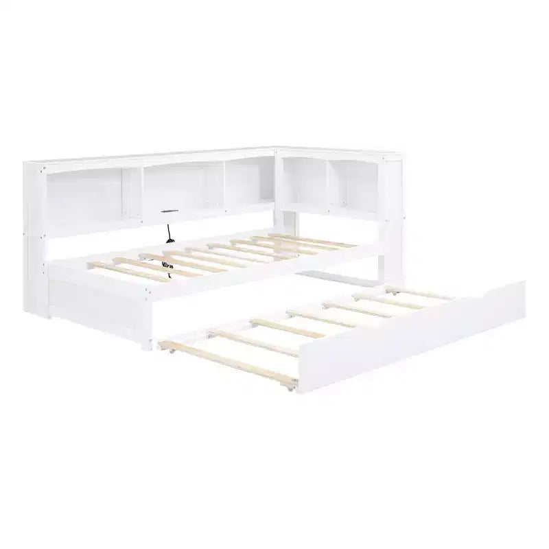 Lit de repos jumeau FAMYYT avec lit gigogne peu encombrant, armoires de rangement et ports USB, assemblage facile, blanc