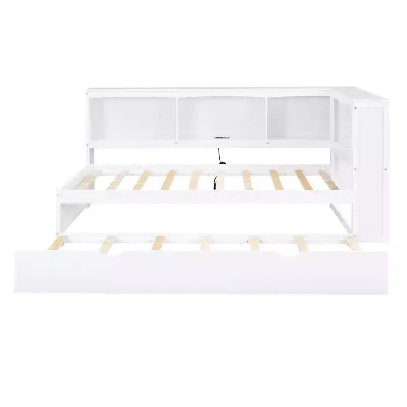 Lit de repos jumeau FAMYYT avec lit gigogne peu encombrant, armoires de rangement et ports USB, assemblage facile, blanc