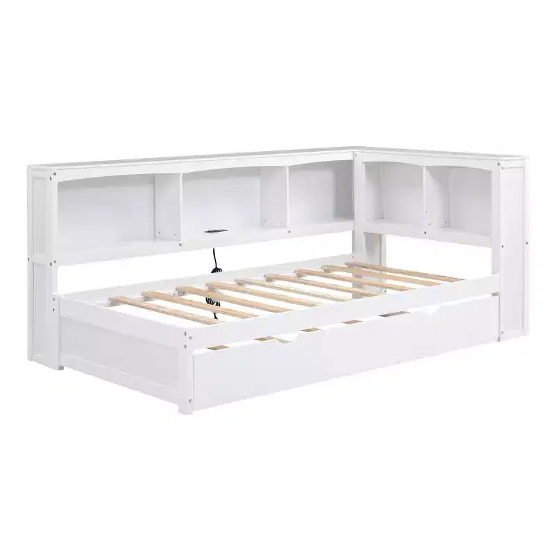 Lit de repos jumeau FAMYYT avec lit gigogne peu encombrant, armoires de rangement et ports USB, assemblage facile, blanc