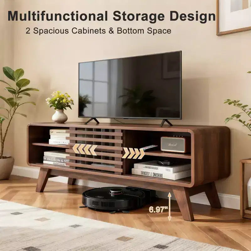 Meuble TV moderne Mid-Century JVNOXK avec rangement, console multimédia à porte coulissante à lattes pour salon