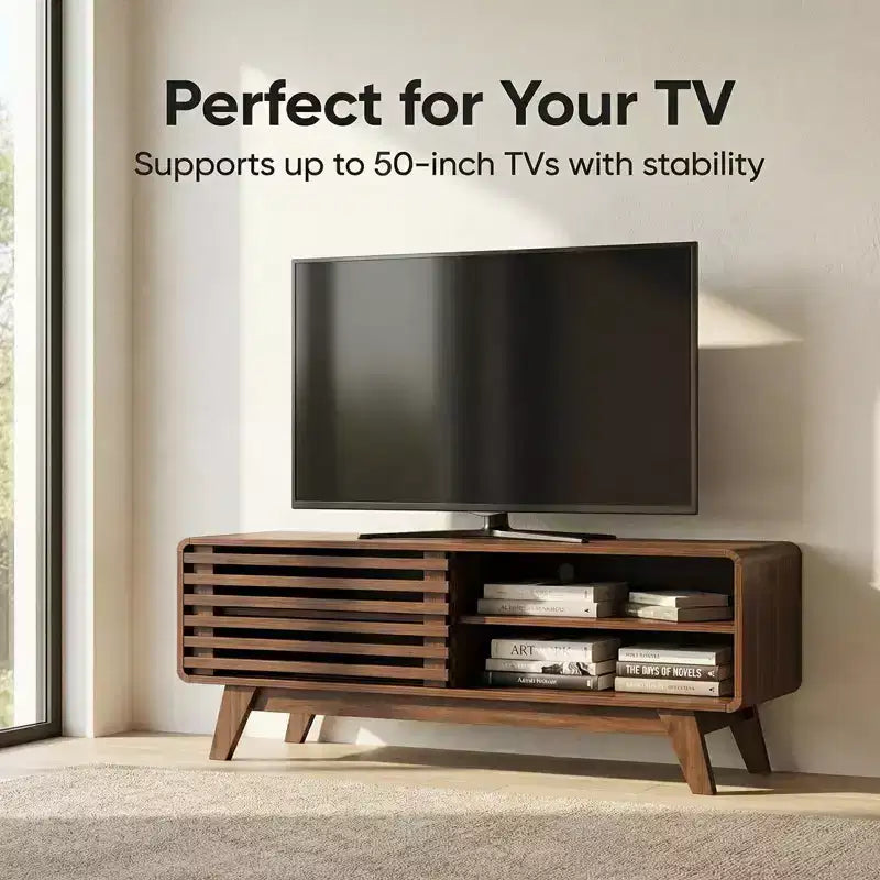Meuble TV moderne Mid-Century JVNOXK avec rangement, console multimédia à porte coulissante à lattes pour salon