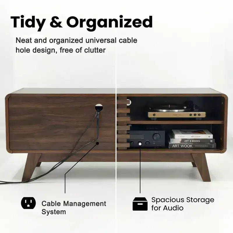 Meuble TV moderne Mid-Century JVNOXK avec rangement, console multimédia à porte coulissante à lattes pour salon