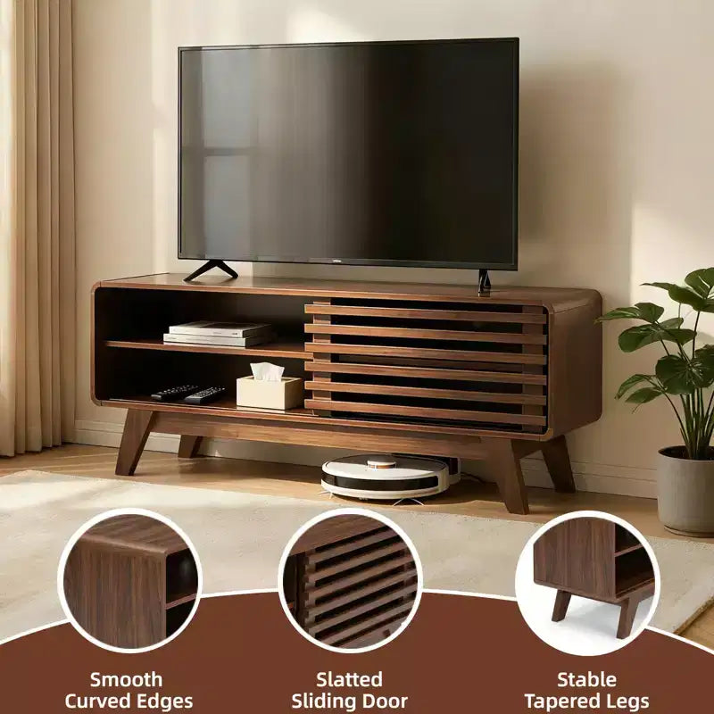 Meuble TV moderne Mid-Century JVNOXK avec rangement, console multimédia à porte coulissante à lattes pour salon