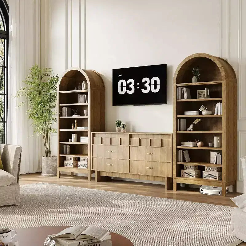 Bibliothèque moderne arquée, étagère de présentation de 180 cm de haut avec 7 étagères réglables, organisateur autoportant en bois pour salon, chambre ou couloir