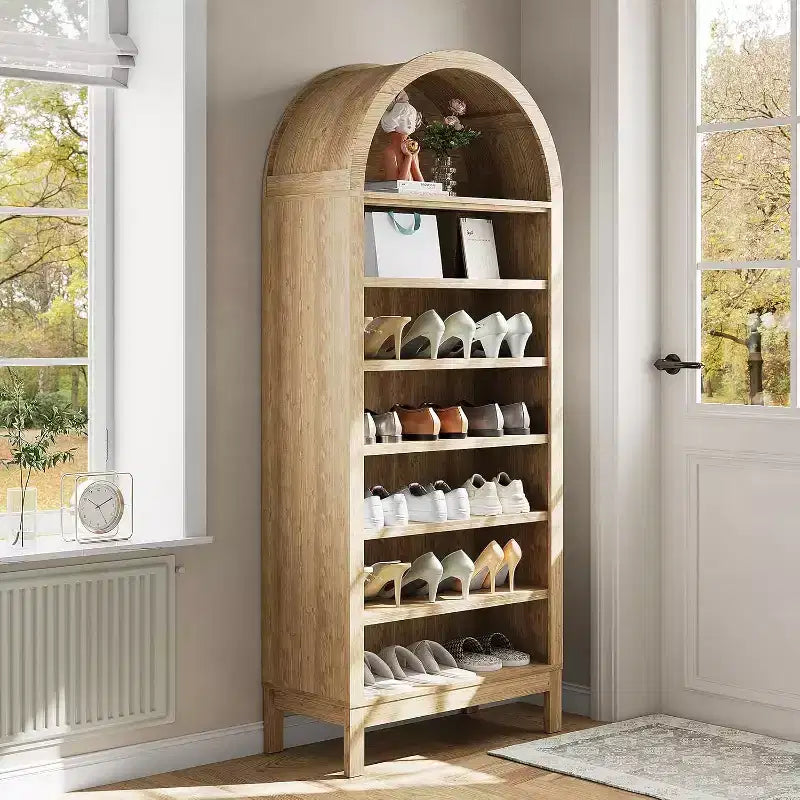 Bibliothèque moderne arquée, étagère de présentation de 180 cm de haut avec 7 étagères réglables, organisateur autoportant en bois pour salon, chambre ou couloir
