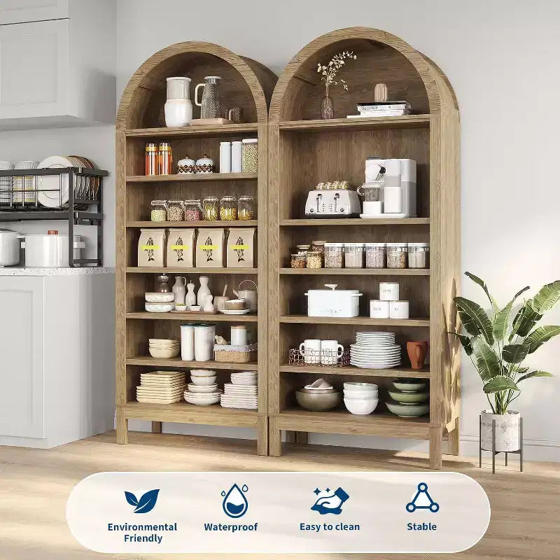 Bibliothèque moderne arquée, étagère de présentation de 180 cm de haut avec 7 étagères réglables, organisateur autoportant en bois pour salon, chambre ou couloir