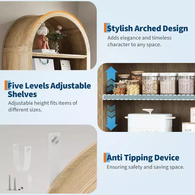 Bibliothèque moderne arquée, étagère de présentation de 180 cm de haut avec 7 étagères réglables, organisateur autoportant en bois pour salon, chambre ou couloir