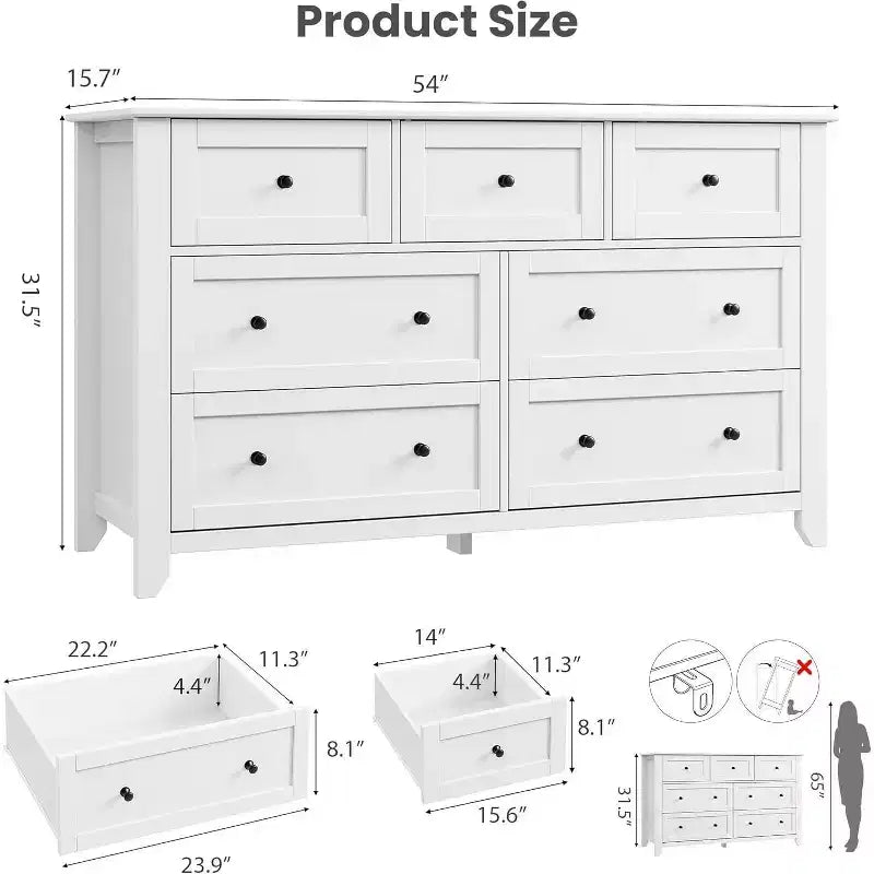 Commode de chambre, d'entrée ou de couloir GustoWave Modern 54" large à 7 tiroirs, blanche