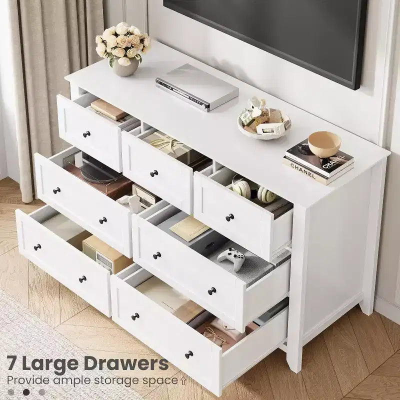 Commode de chambre, d'entrée ou de couloir GustoWave Modern 54" large à 7 tiroirs, blanche