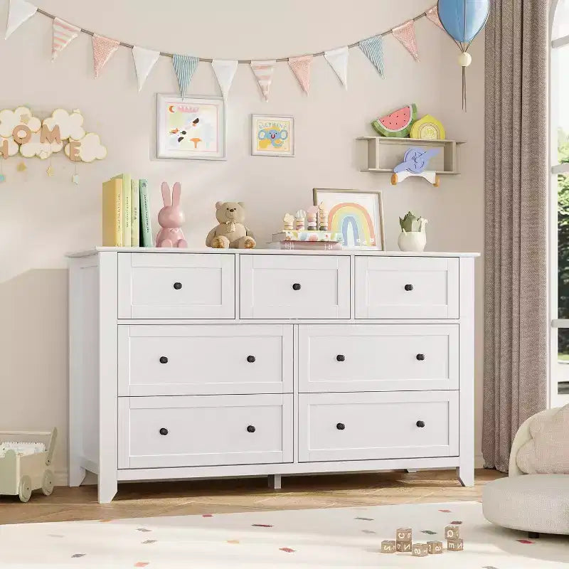 Commode de chambre, d'entrée ou de couloir GustoWave Modern 54" large à 7 tiroirs, blanche