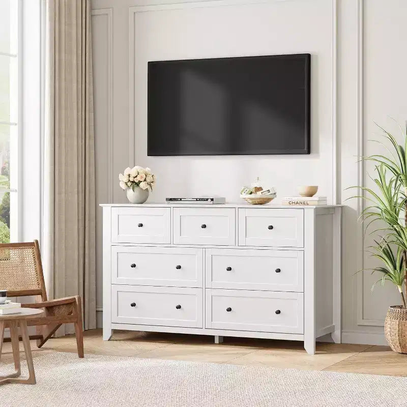 Commode de chambre, d'entrée ou de couloir GustoWave Modern 54" large à 7 tiroirs, blanche