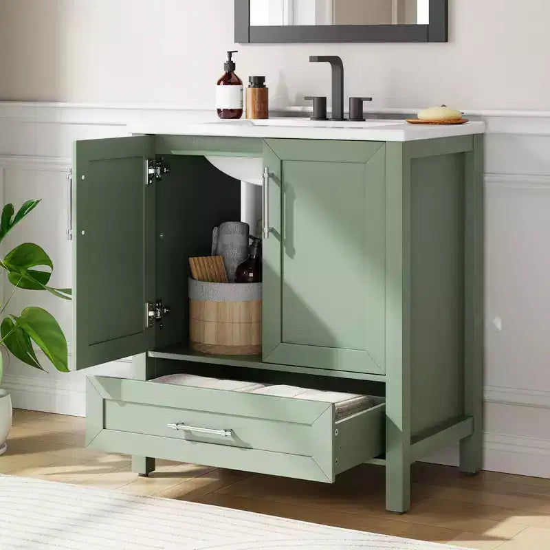 Meuble lavabo de salle de bain compact avec lavabo, meuble bas sur pieds avec porte à fermeture douce, étagère de rangement réglable, peu encombrant pour appartement