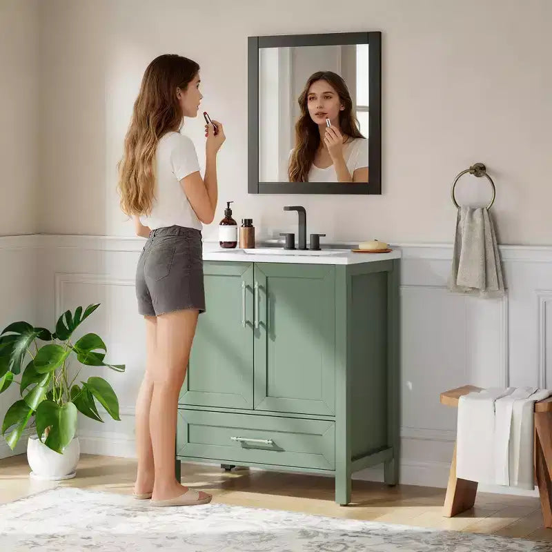 Meuble lavabo de salle de bain compact avec lavabo, meuble bas sur pieds avec porte à fermeture douce, étagère de rangement réglable, peu encombrant pour appartement
