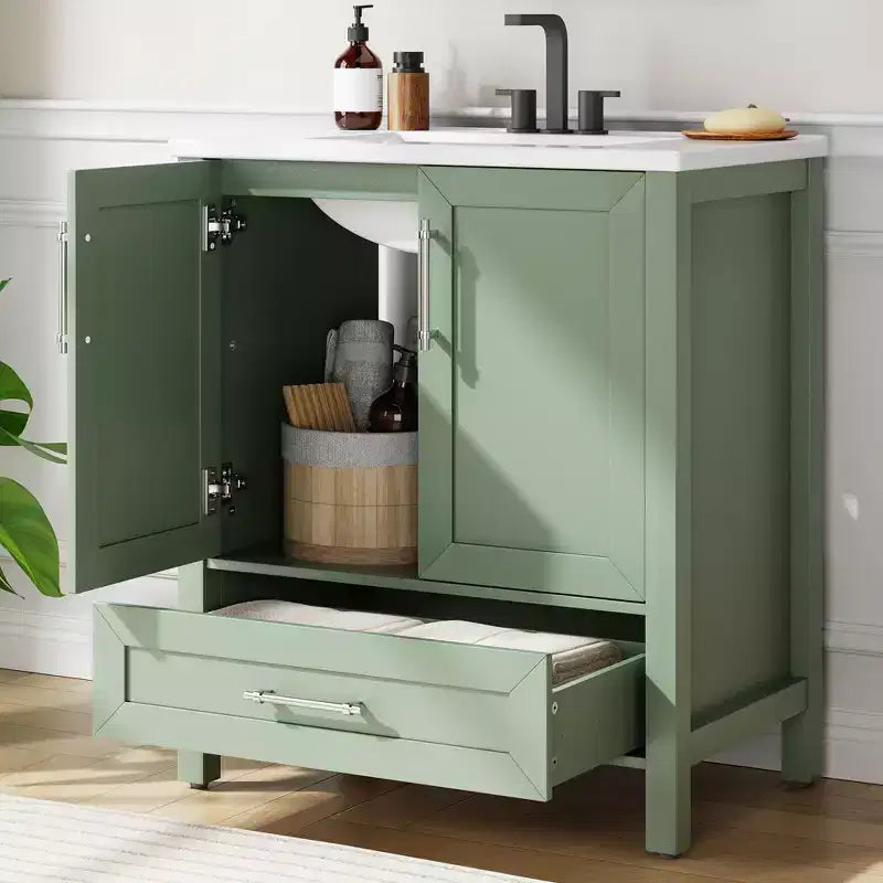 Meuble lavabo de salle de bain compact avec lavabo, meuble bas sur pieds avec porte à fermeture douce, étagère de rangement réglable, peu encombrant pour appartement