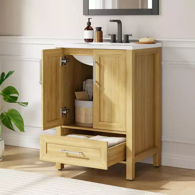 Meuble lavabo de salle de bain compact avec lavabo, meuble bas sur pieds avec porte à fermeture douce, étagère de rangement réglable, peu encombrant pour appartement