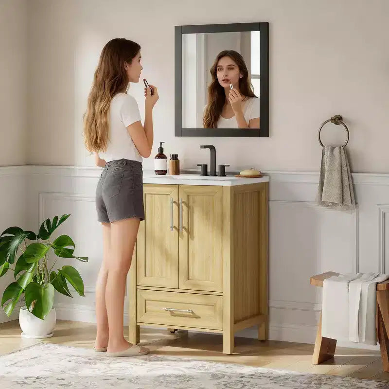 Meuble lavabo de salle de bain compact avec lavabo, meuble bas sur pieds avec porte à fermeture douce, étagère de rangement réglable, peu encombrant pour appartement